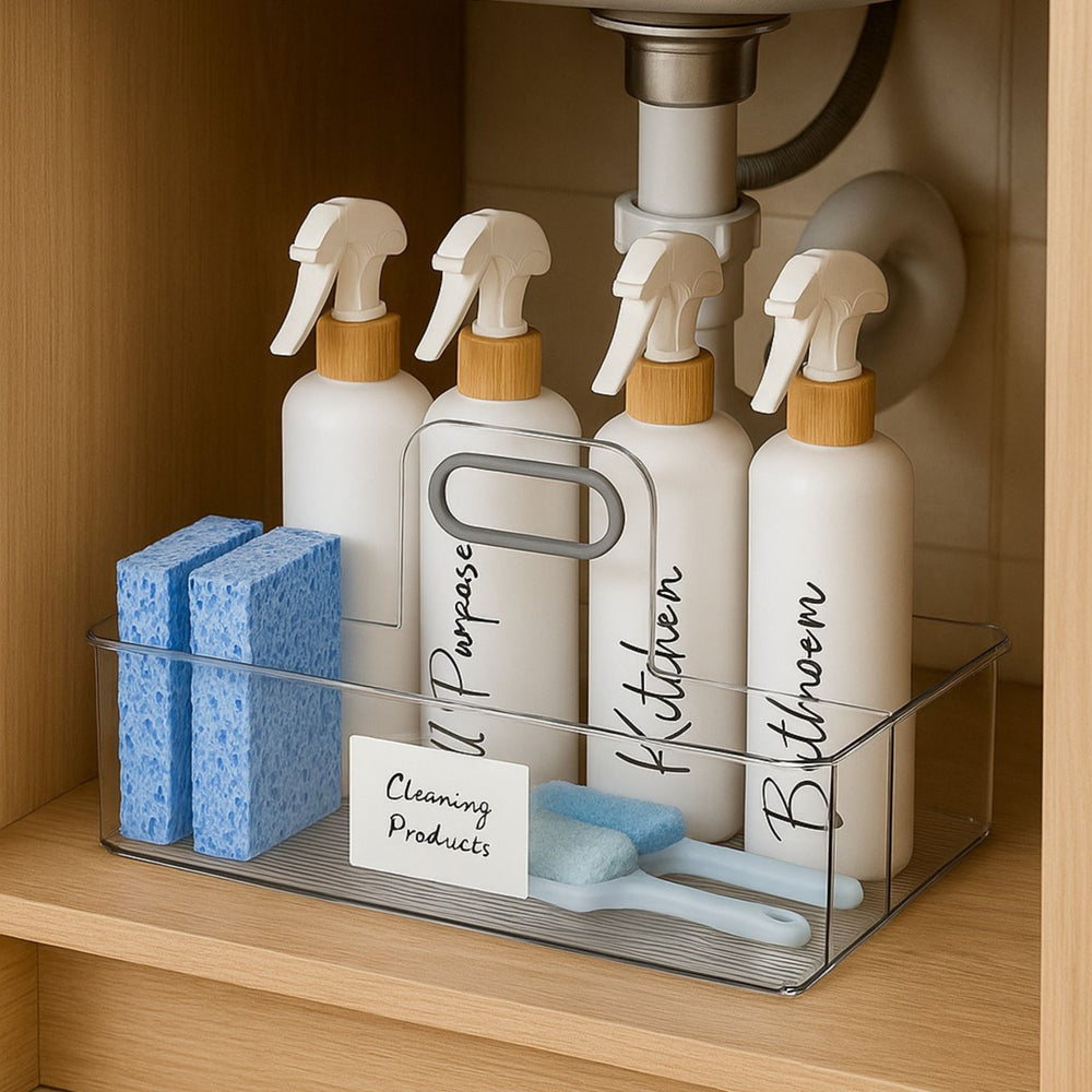 Set of cleaning products including bottles, sponges, and brushes in a kitchen cabinet.