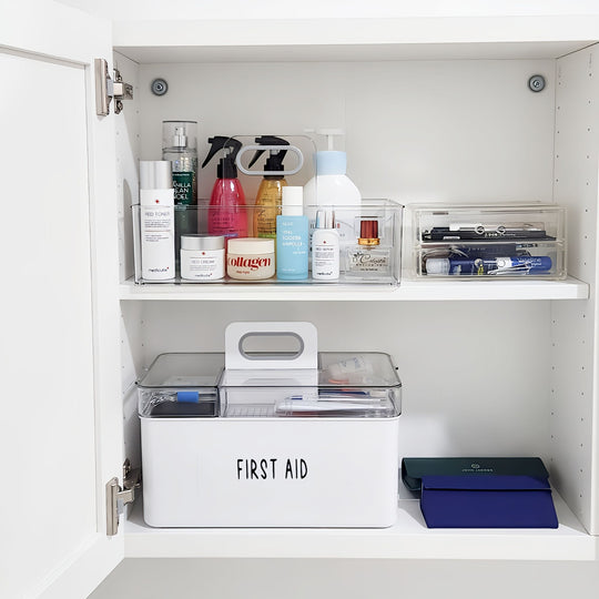 Cabinet with skincare products and a first aid box